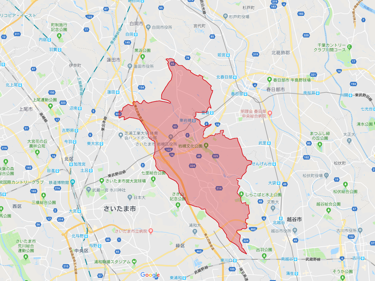 南平野クリニックから岩槻区内のおおよそ30分圏内